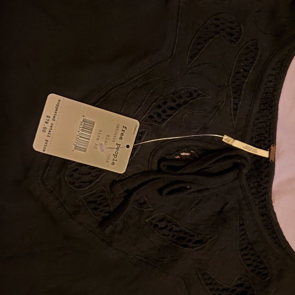 NWT Free People With Love Crochet Tee Thermal Tie Neck Bodycon Black Top - Picture 4 of 5